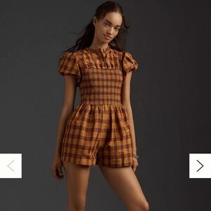 Maeve Orange and Brown Plaid Smocked Romper